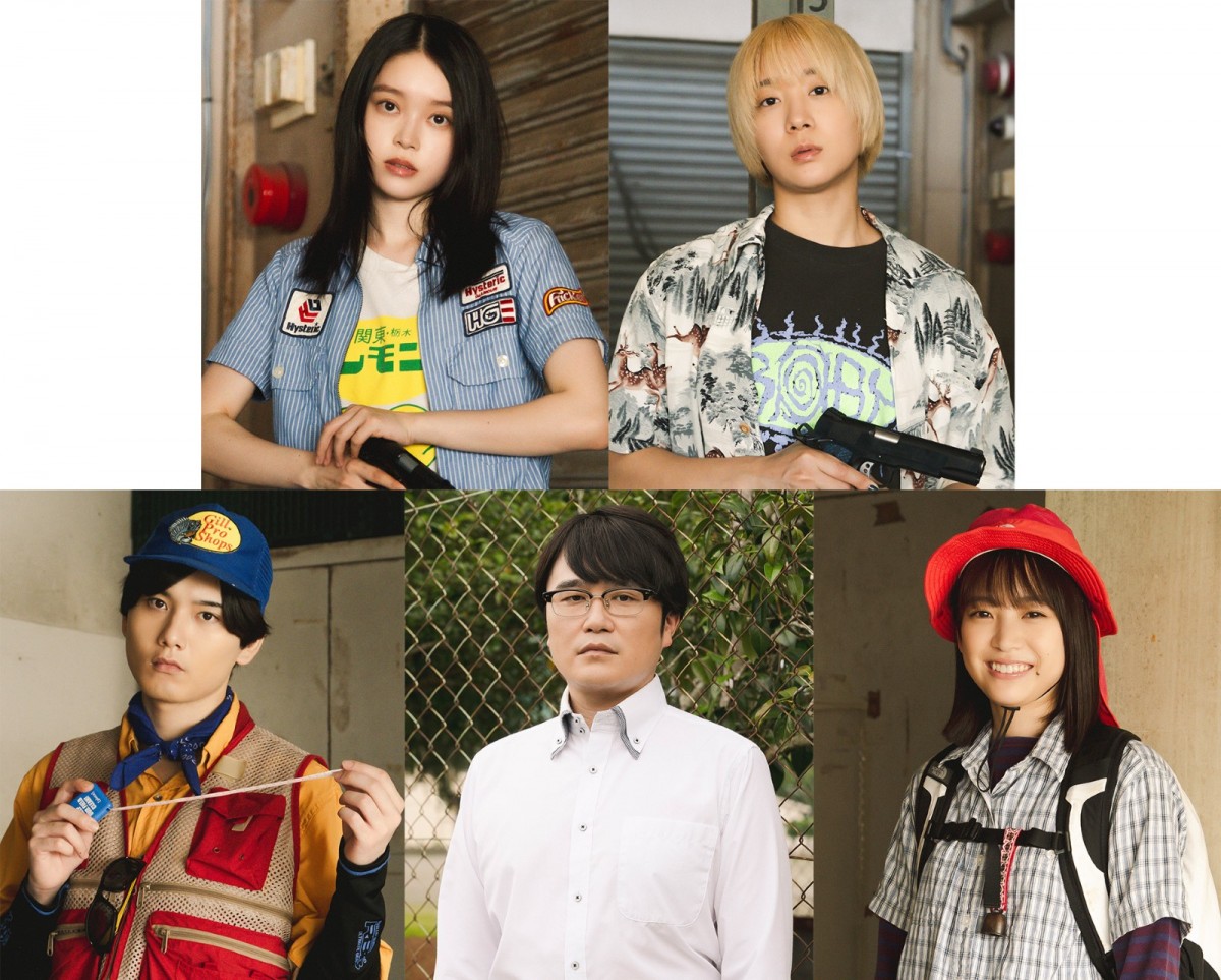 ドラマ『ベイビーわるきゅーれ エブリデイ!』に出演する(上段左から)高石あかり、伊澤彩織(下段左から)水石亜飛夢、飛永翼、中井友望