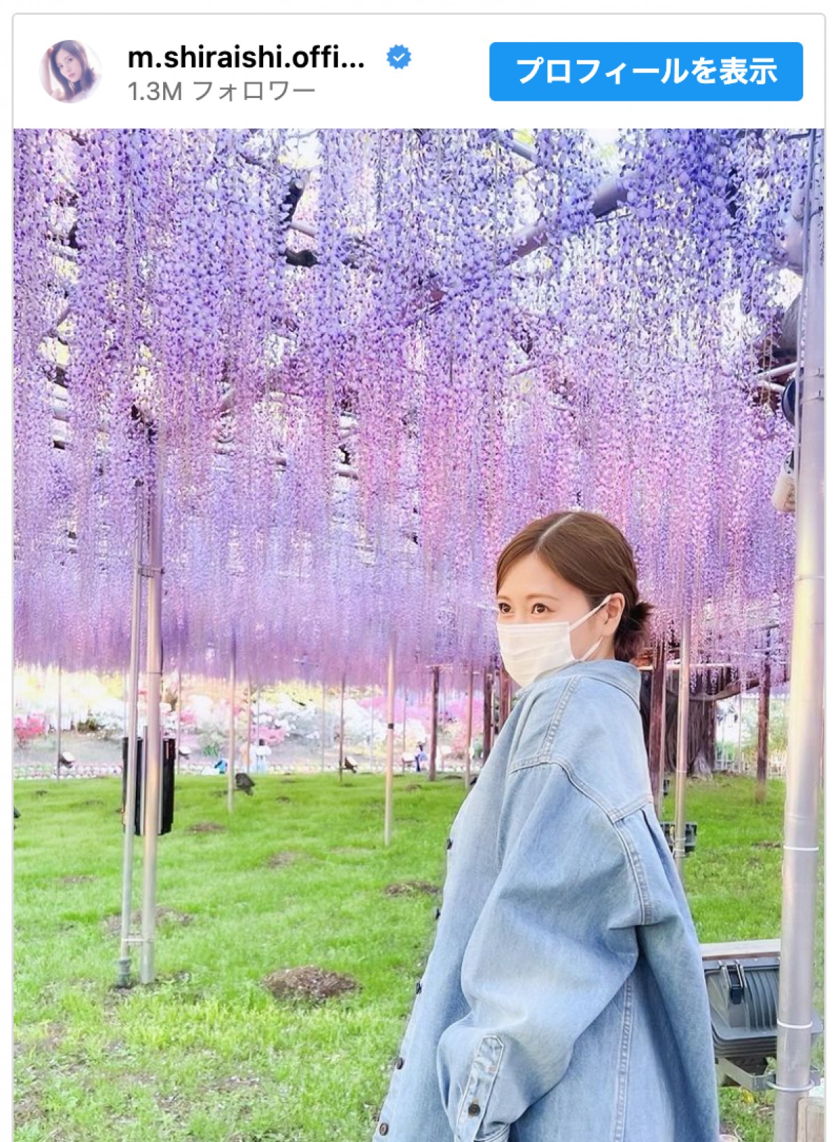 藤棚の前でたたずむマスク姿の白石麻衣　※「白石麻衣」インスタグラム