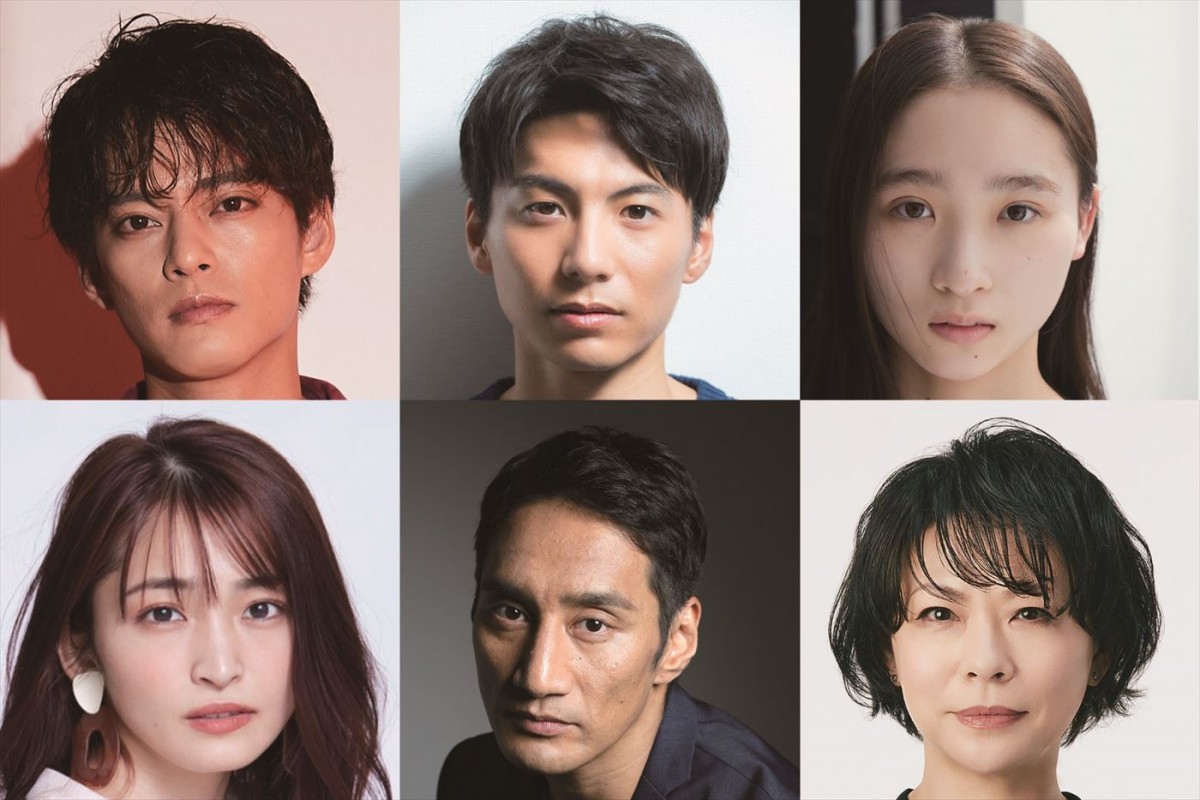 舞台『血の婚礼』に出演する(上段左から)中山優馬、宮崎秋人、伊東蒼、(下段左から)岡本玲、谷田歩、秋山菜津子