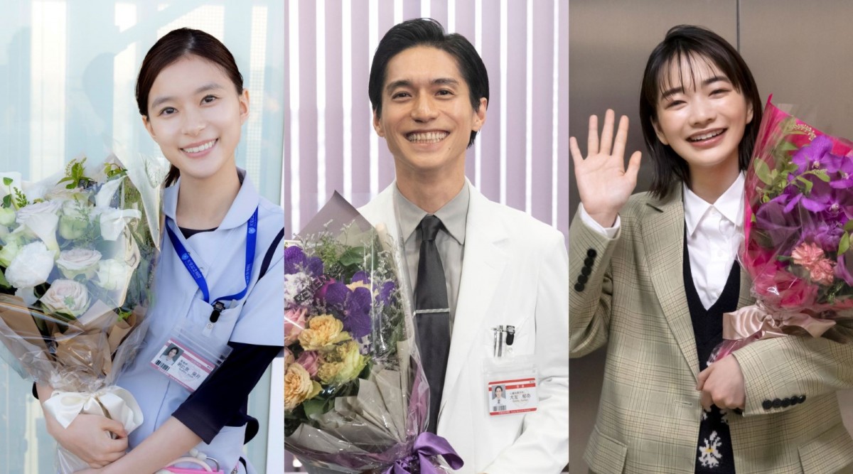 ドラマ『Re:リベンジ‐欲望の果てに‐』クランクアップを迎えた(左から)芳根京子、錦戸亮、見上愛