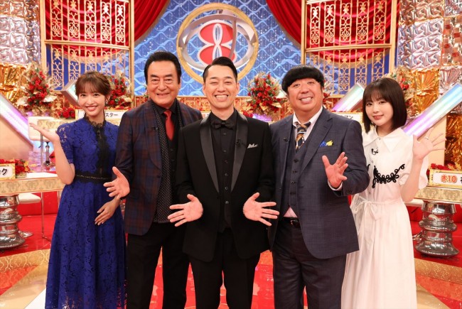 『FNSドラマ対抗お宝映像アワード』より(左から)藤本万梨乃(フジテレビアナウンサー) 、高橋英樹、設楽統(バナナマン)、日村勇紀(バナナマン)、なえなの