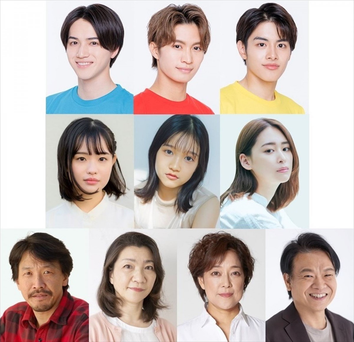 舞台『トンカツロック』に出演する(上段左から)美 少年・岩崎大昇、那須雄登、金指一世、(中段左から)森迫永依、山崎玲奈、柳美稀、(下段左から)有馬自由、伴美奈子、楠見薫、星田英利
