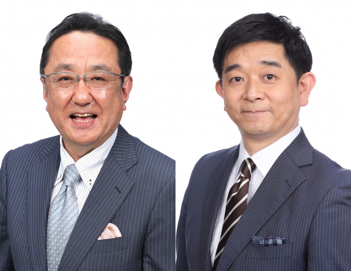 『めざましテレビ』(左から)現メインキャスターの三宅正治アナウンサー、新メインキャスターとなる伊藤利尋アナウンサー