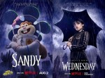 Netflix映画『サンディ・チークスのビキニタウン救出大作戦』、『ウェンズデー』パロディビジュアル＆本家ビジュアル