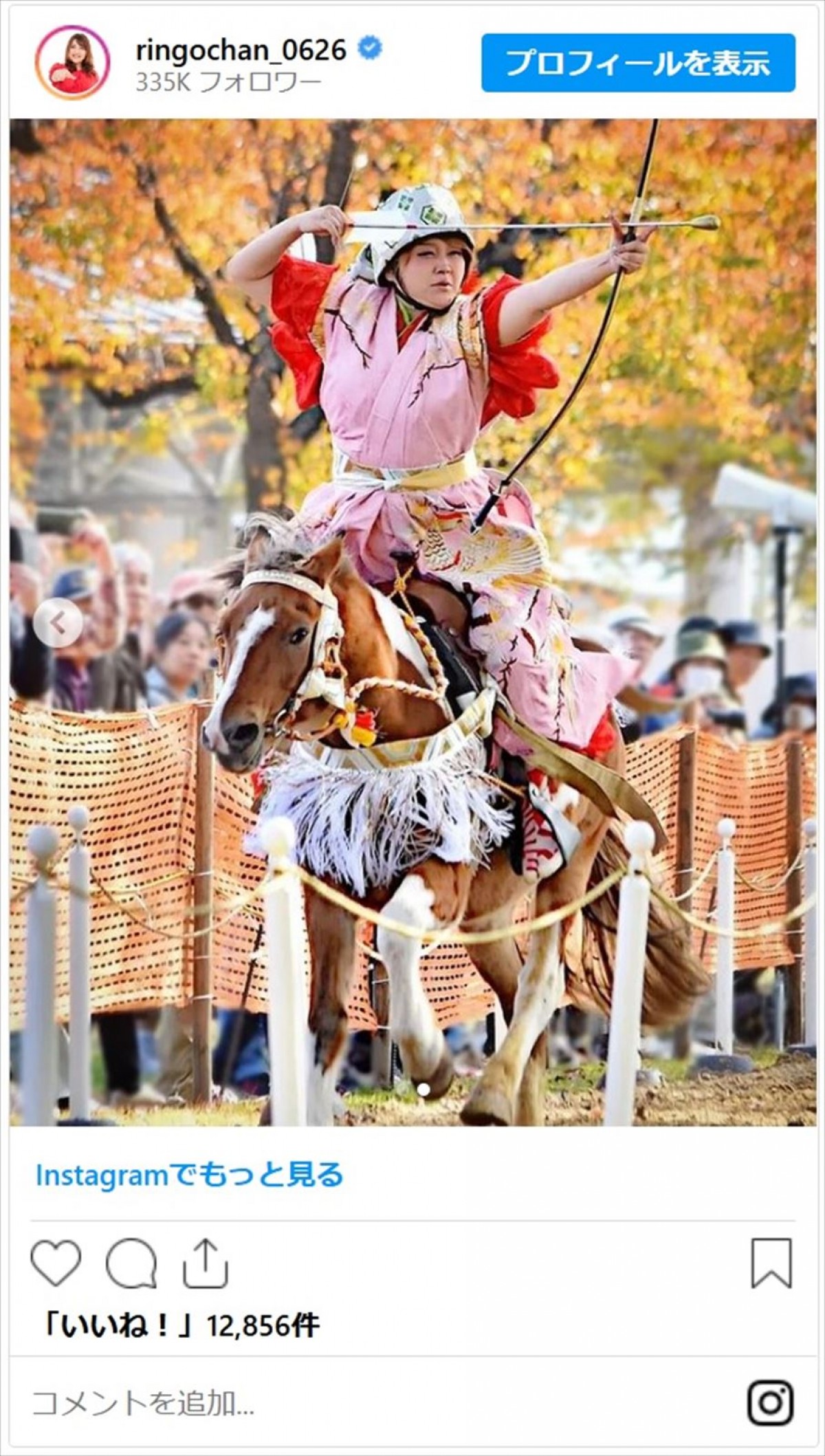 りんごちゃん、華麗すぎる流鏑馬に反響「弓を構える凛とした表情の凛ごちゃん素敵」