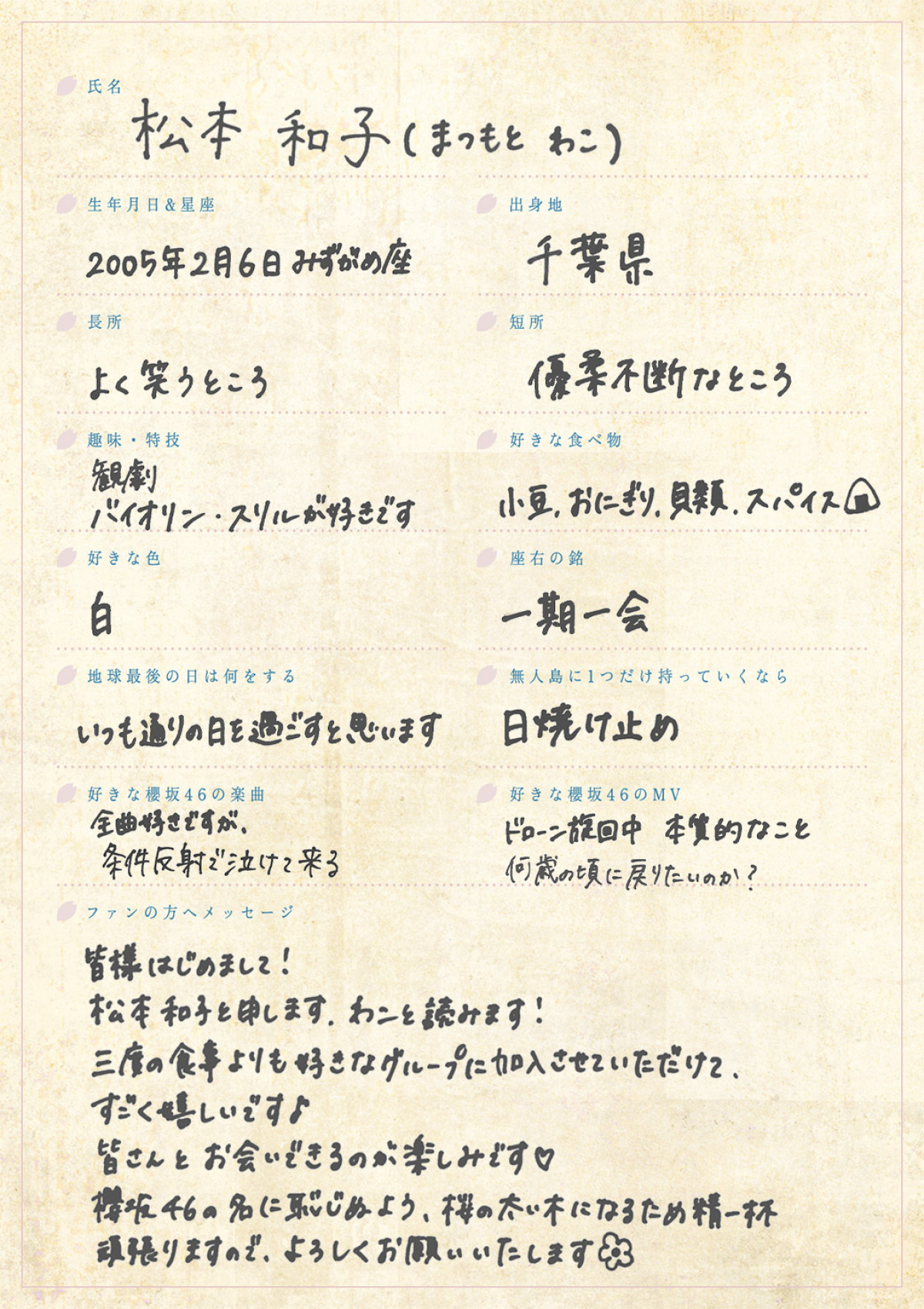 櫻坂46 四期生・松本和子、稲熊ひなの撮り下ろし写真&手書きプロフィール公開