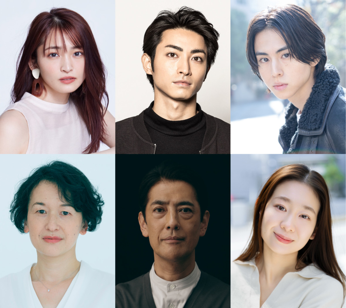 舞台『狂人なおもて往生をとぐ ~昔、僕達は愛した~』に出演する(上段左から)岡本玲、木村達成、酒井大成、(下段左から)伊勢志摩、堀部圭亮、橘花梨