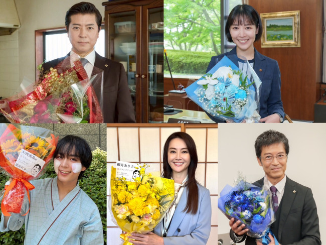ドラマ『能面検事』クランクアップした(上段左から)上川隆也、吉谷彩子、(下段左から)大西流星、観月ありさ、寺脇康文