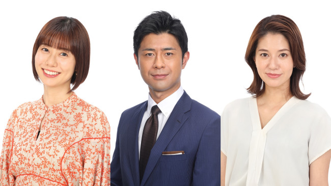 『Live News イット！』に出演する（左から）フジテレビアナウンサー・山﨑夕貴、榎並大二郎、遠藤玲子