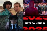 「Next on Netflix」2025年海外作品ラインナップ（上段左から）『ストレンジャー・シングス4』、『イカゲーム』シーズン2、（下段）『ウェンズデー』シーズン1