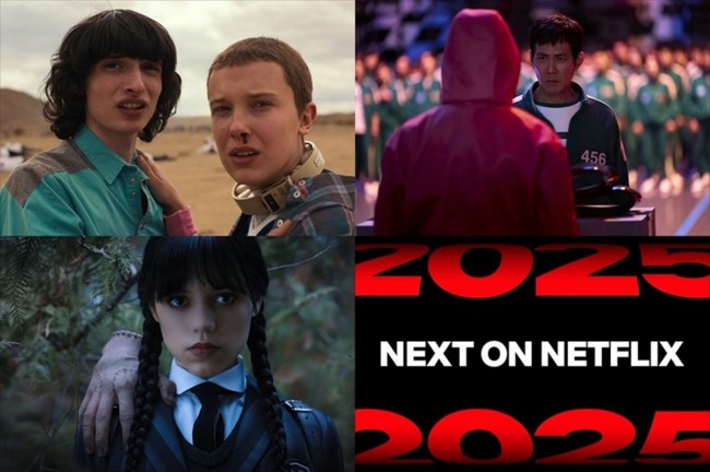 「Next on Netflix」2025年海外作品ラインナップ(上段左から)『ストレンジャー・シングス4』、『イカゲーム』シーズン2、(下段)『ウェンズデー』シーズン1