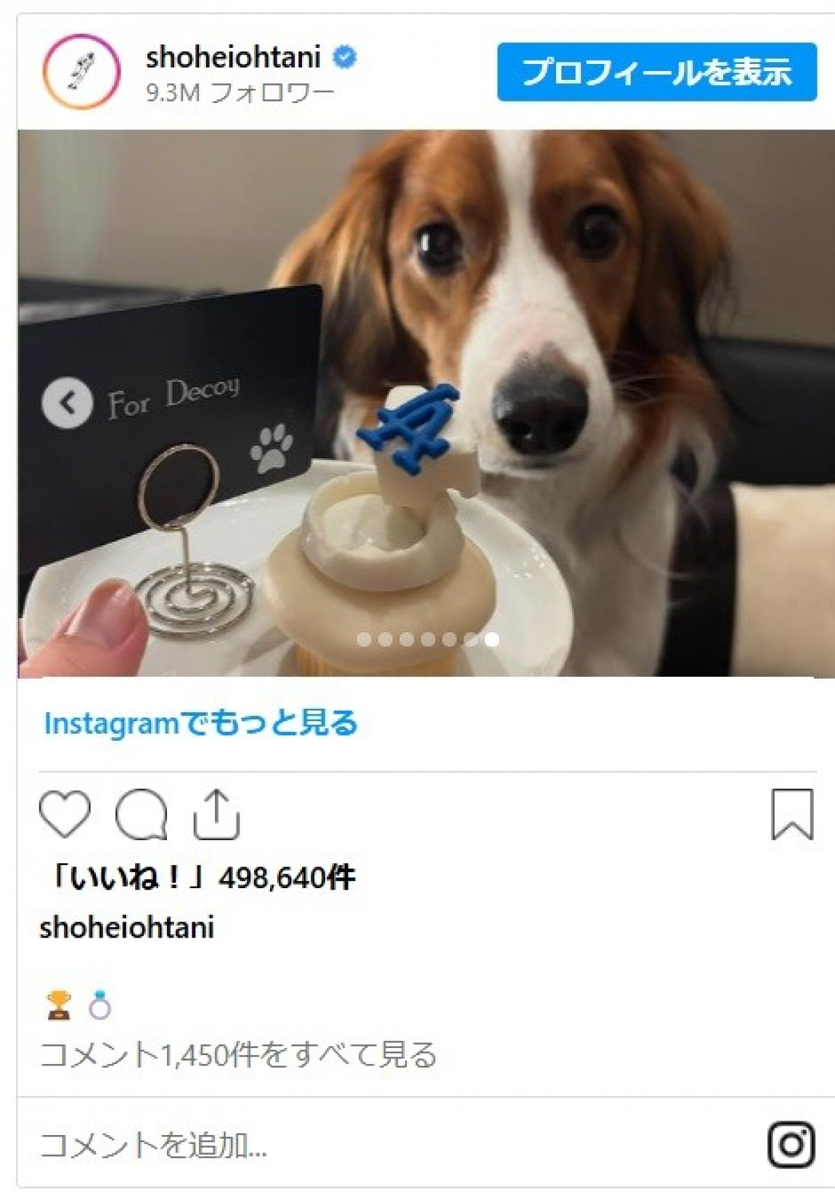 大谷翔平、デコピンにチャンピオンリングをプレゼント？「去年は大活躍だったもんね」