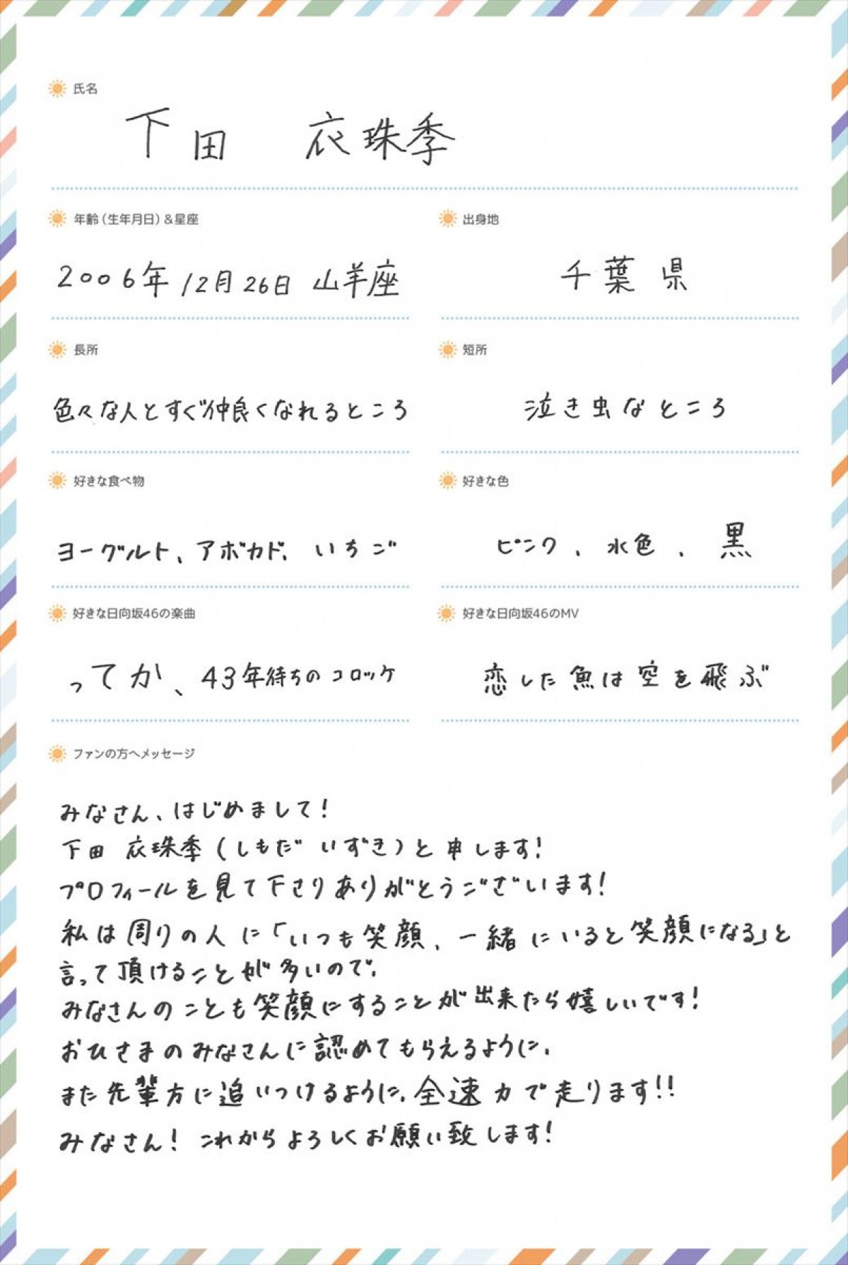 日向坂46五期生・下田衣珠季、片山紗希の撮り下ろし写真&手書きプロフィール公開