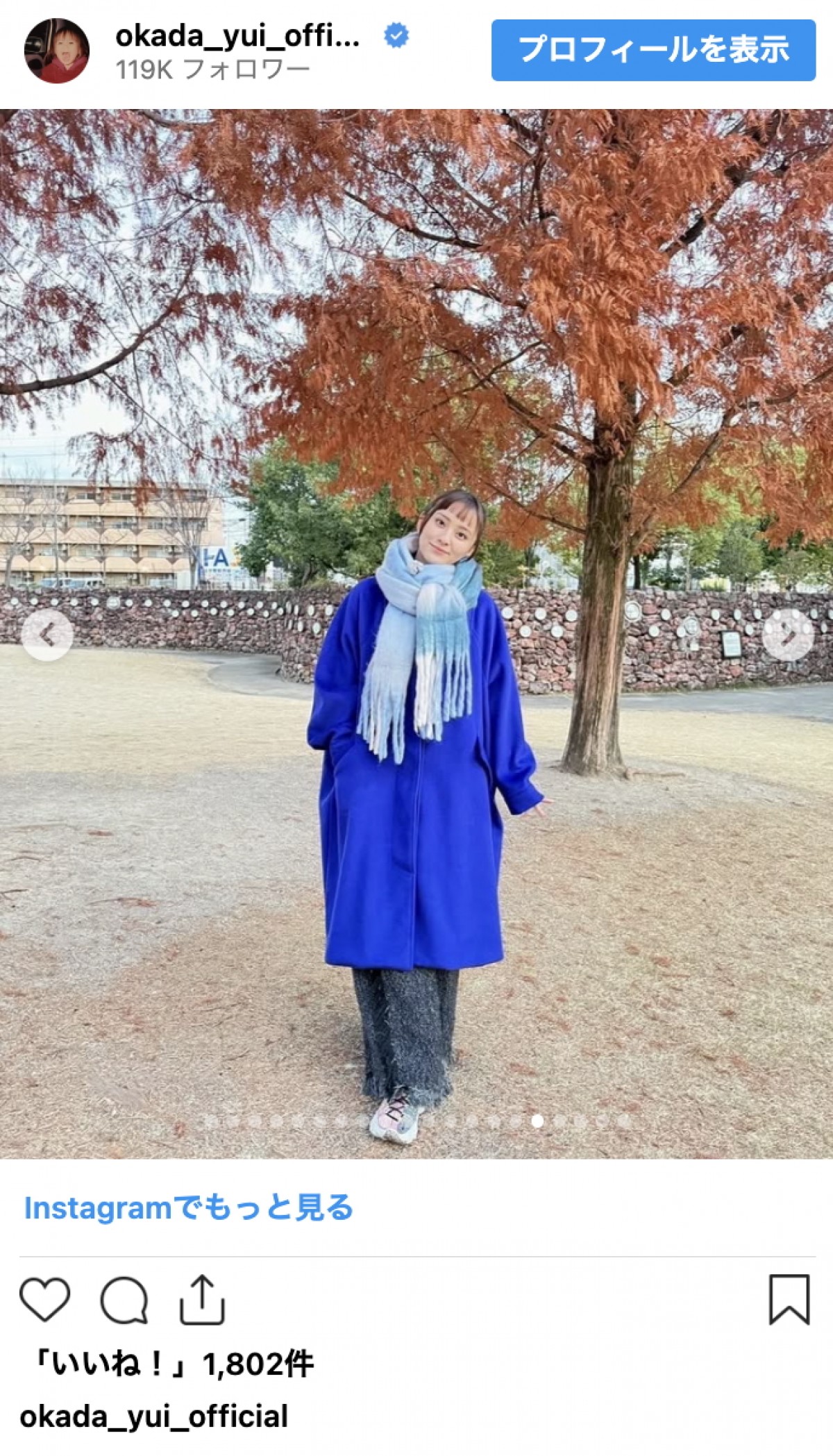 結婚で話題の岡田結実、ニットもシャツも着こなす季節コーデ連発　洗練スタイルに反響