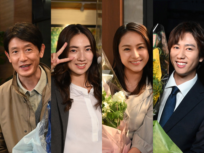 ドラマ『あなたを奪ったその日から』のクランクアップを迎えた(左から)筒井道隆、仁村紗和、平祐奈、阿部亮平(Snow Man)
