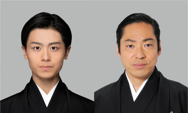 歌舞伎町大歌舞伎 三代猿之助四十八撰の内『獨道中五十三驛』に出演する（左から）市川團子、市川中車