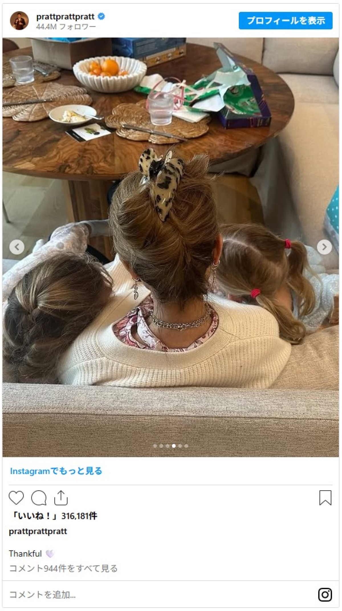 クリス・プラット、感謝祭に珍しく子どもたちとのショット公開　義父はアーノルド・シュワルツェネッガー