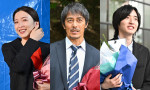 日曜劇場『キャスター』のクランクアップを迎えた（左から）永野芽郁、阿部寛、道枝駿佑