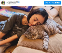 愛猫に寄りかかり、寝落ちしてしまった安達祐実　※「安達祐実」インスタグラム