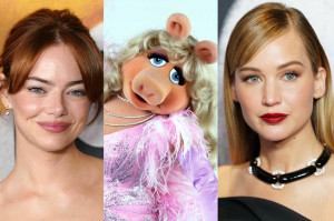（左から）エマ・ストーン、ミス・ピギー、ジェニファー・ローレンス
