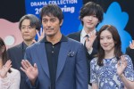 ドラマ『キャスター』に出演する（左から）岡部たかし、阿部寛、道枝駿佑、永野芽郁