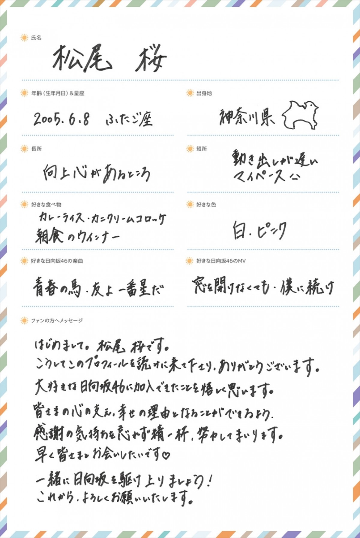 日向坂46五期生・松尾桜、蔵盛妃那乃の撮り下ろし写真&手書きプロフィール公開