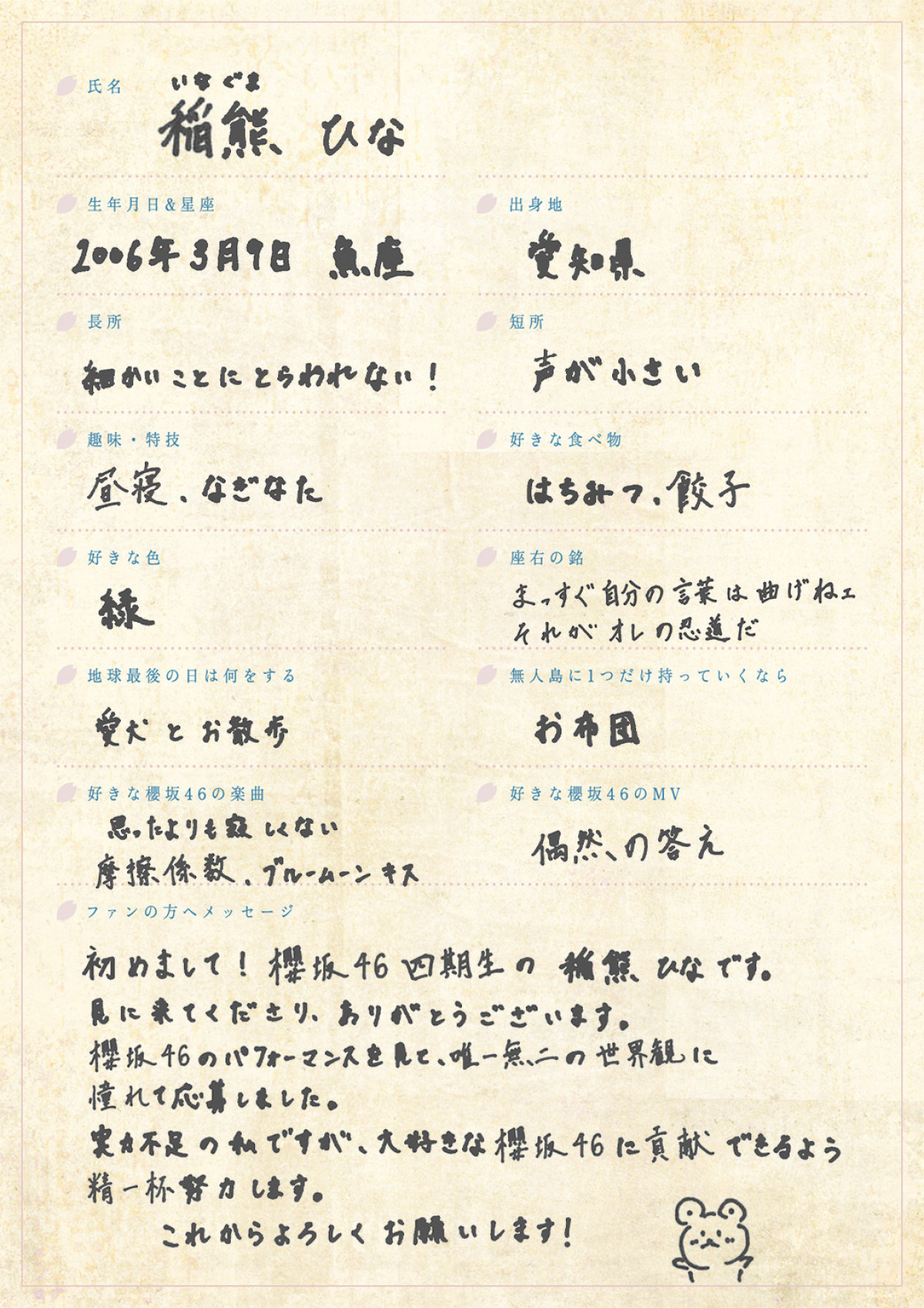櫻坂46 四期生・松本和子、稲熊ひなの撮り下ろし写真&手書きプロフィール公開