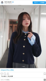 【秋コーデ】濃紺のカーディガンがかわいらしい森香澄　※「森香澄」インスタグラム