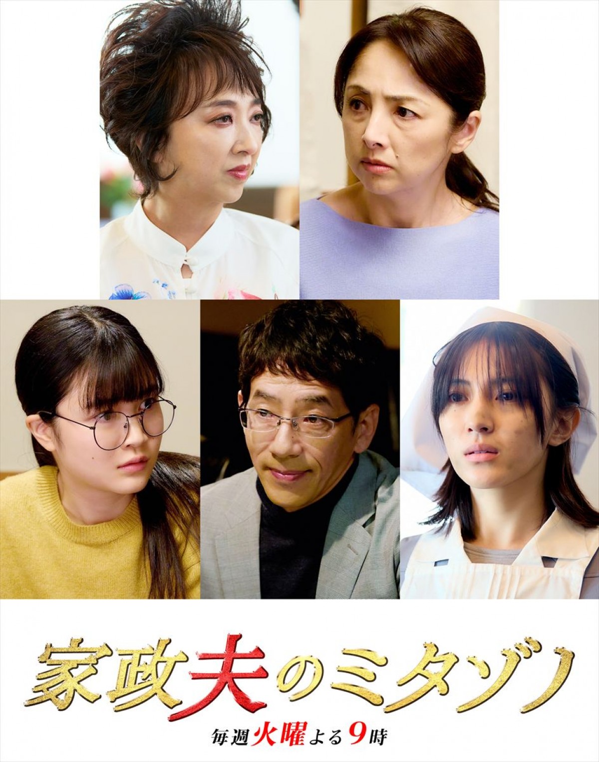 ドラマ『家政夫のミタゾノ』第7シーズンに出演する(上段左から)紫吹淳、櫻井淳子(下段左から)松崎未夢、野間口徹、久保田紗友