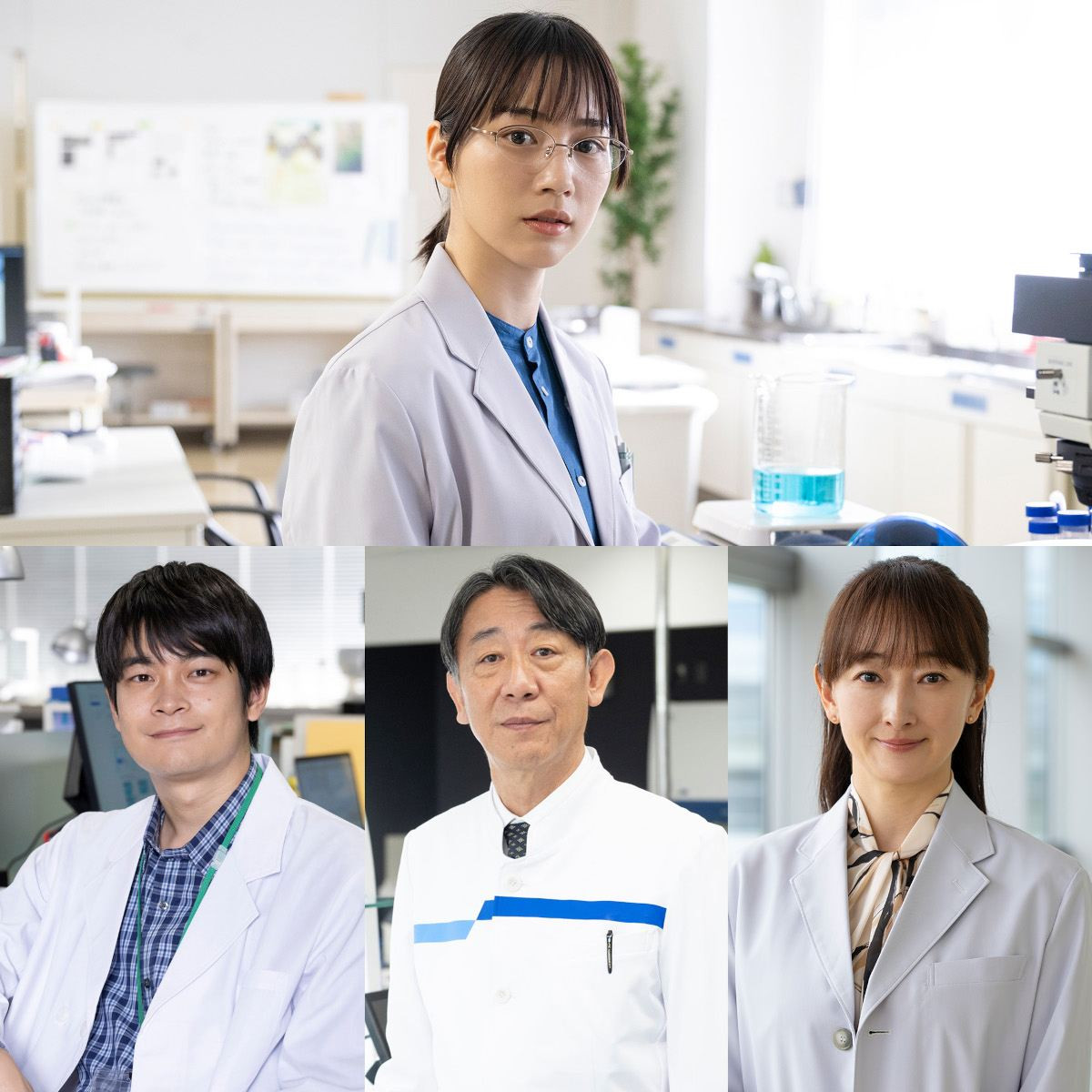 ドラマ『キャスター』第3話に出演する（上段）のん（下段左から）井之脇海、利重剛、花總まり