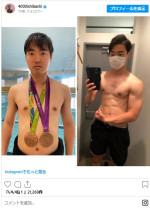 まだポヨポヨだったトレーニング開始前（左）と1年半後（右）のギャップ！　※「石橋遼大」インスタグラム