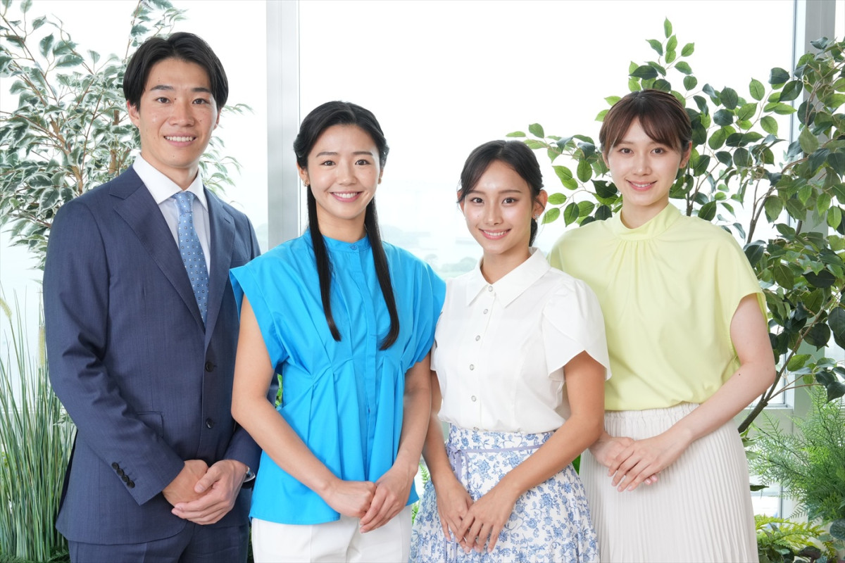『めざましテレビ』でテレビ初登場を果たす新人アナウンサー(左から)室岡大晴、浅倉美恩、石渡花菜、吉岡恵麻