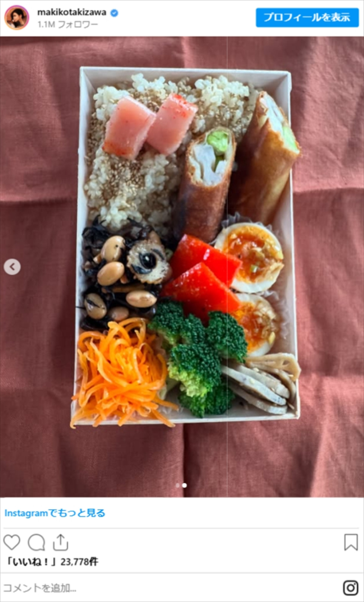 滝沢眞規子、残り物を活用した“手作りのお弁当”が「素敵」「お店クオリティ」
