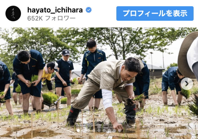 田植えに取り組む姿を披露した市原隼人 ※「市原隼人」インスタグラム