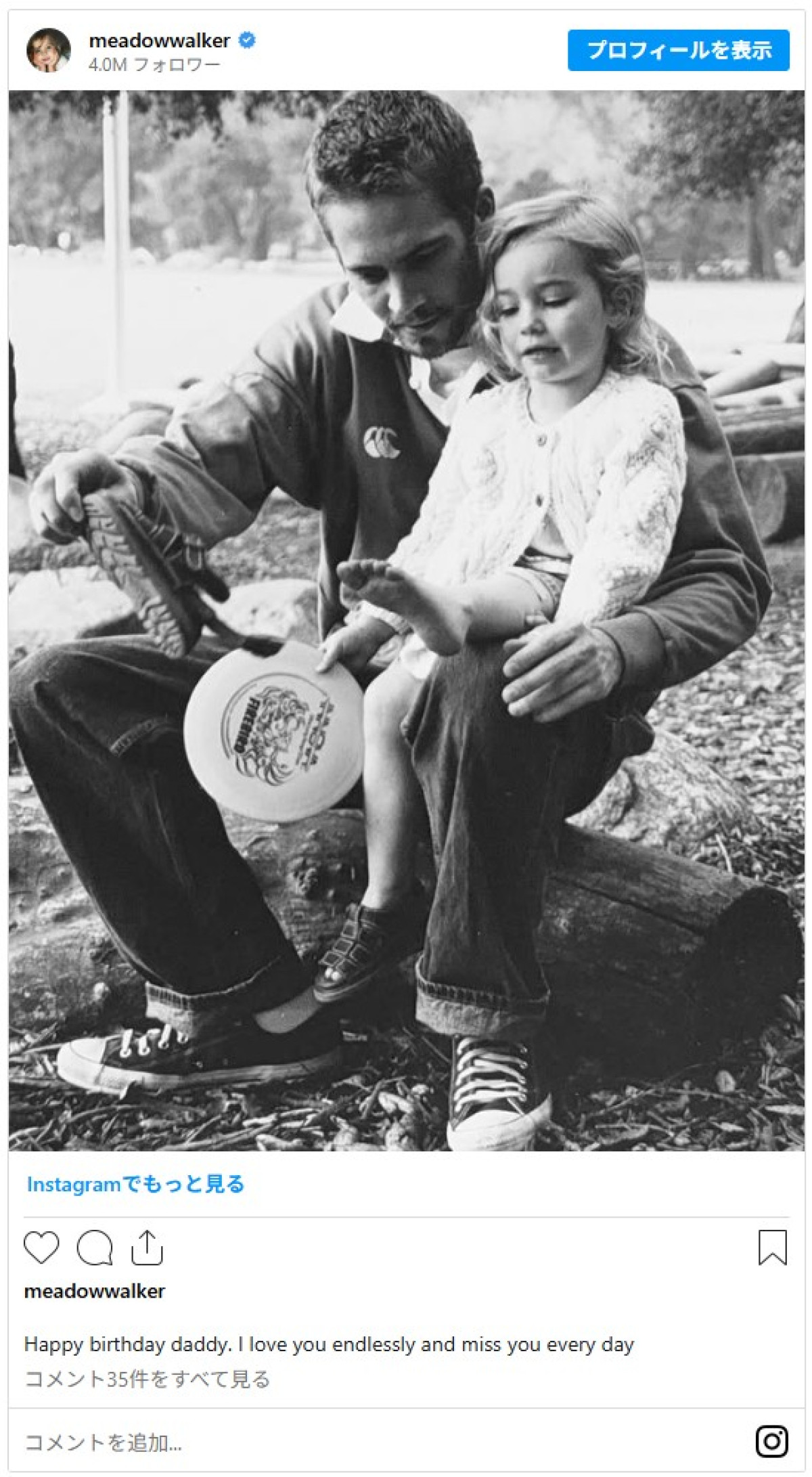 『ワイスピ』ポール・ウォーカーの娘メドウ、父の命日にメッセージ「あなたがいなくなって12年…」