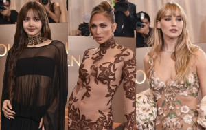 第83回ゴールデン・グローブ賞に登場した（左から）BLACKPINK・リサ、ジェニファー・ロペス、ジェニファー・ローレンス