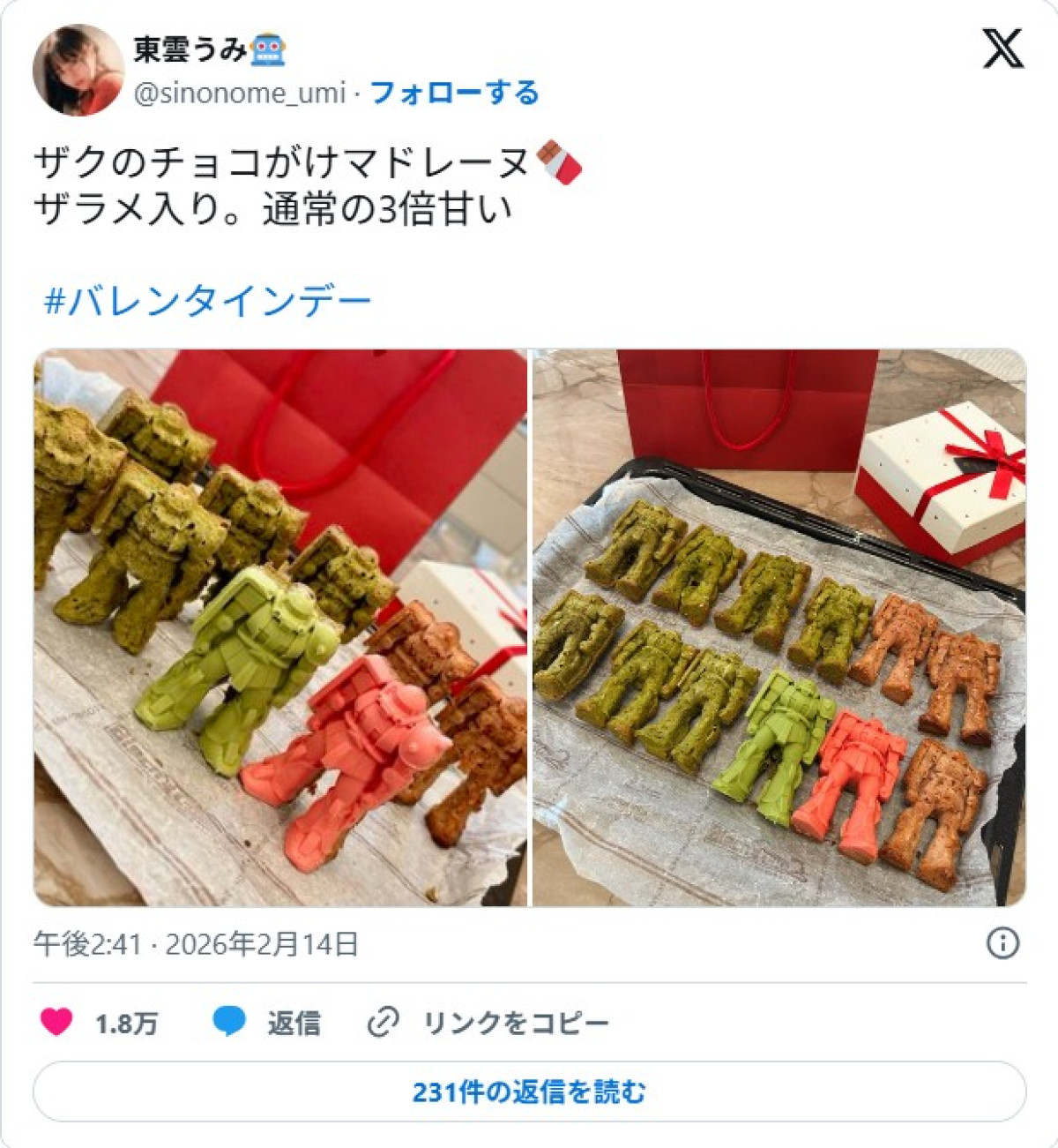 芸能人の手作り“バレンタインスイーツ”が本格的！　二刀流グラドルは“ザク型”マドレーヌ公開