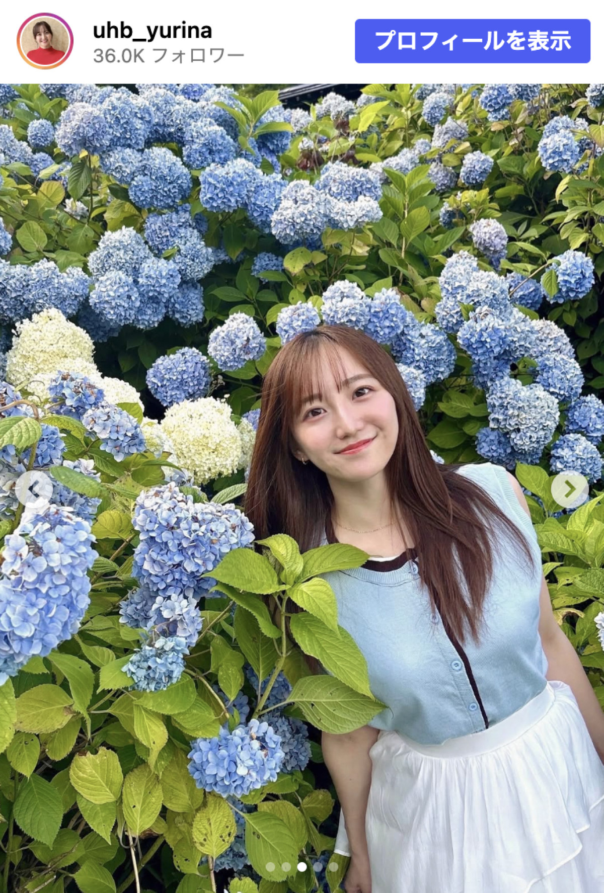 父親は元プロ野球選手・北海道の美人アナ26歳、紫陽花バックの爽やかショットに反響