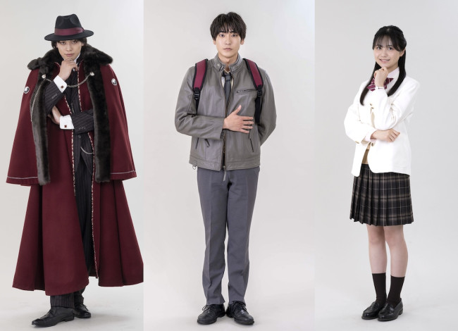 ドラマ『仮面ライダーマイス』メインキャスト　左から東啓介、秋谷郁甫、堀川梨心