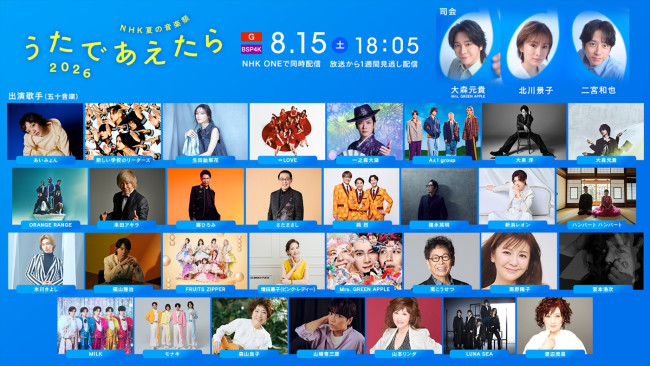 『NHK夏の音楽祭 うたであえたら 2026』出演歌手