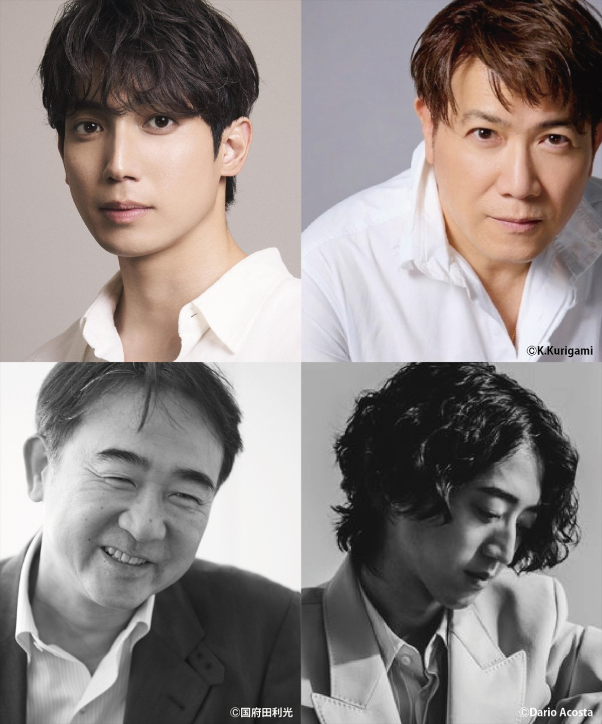 ミュージカル『民王』（上段左より）主演・有澤樟太郎、共演・別所哲也、（下段左より）原作者・池井戸潤、音楽・角野隼斗