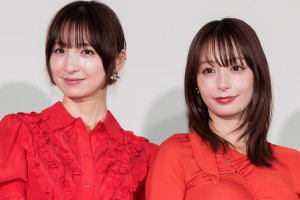 ドラマ『おちたらおわり』制作発表記者会見に出席した（左から）篠田麻里子、宇垣美里