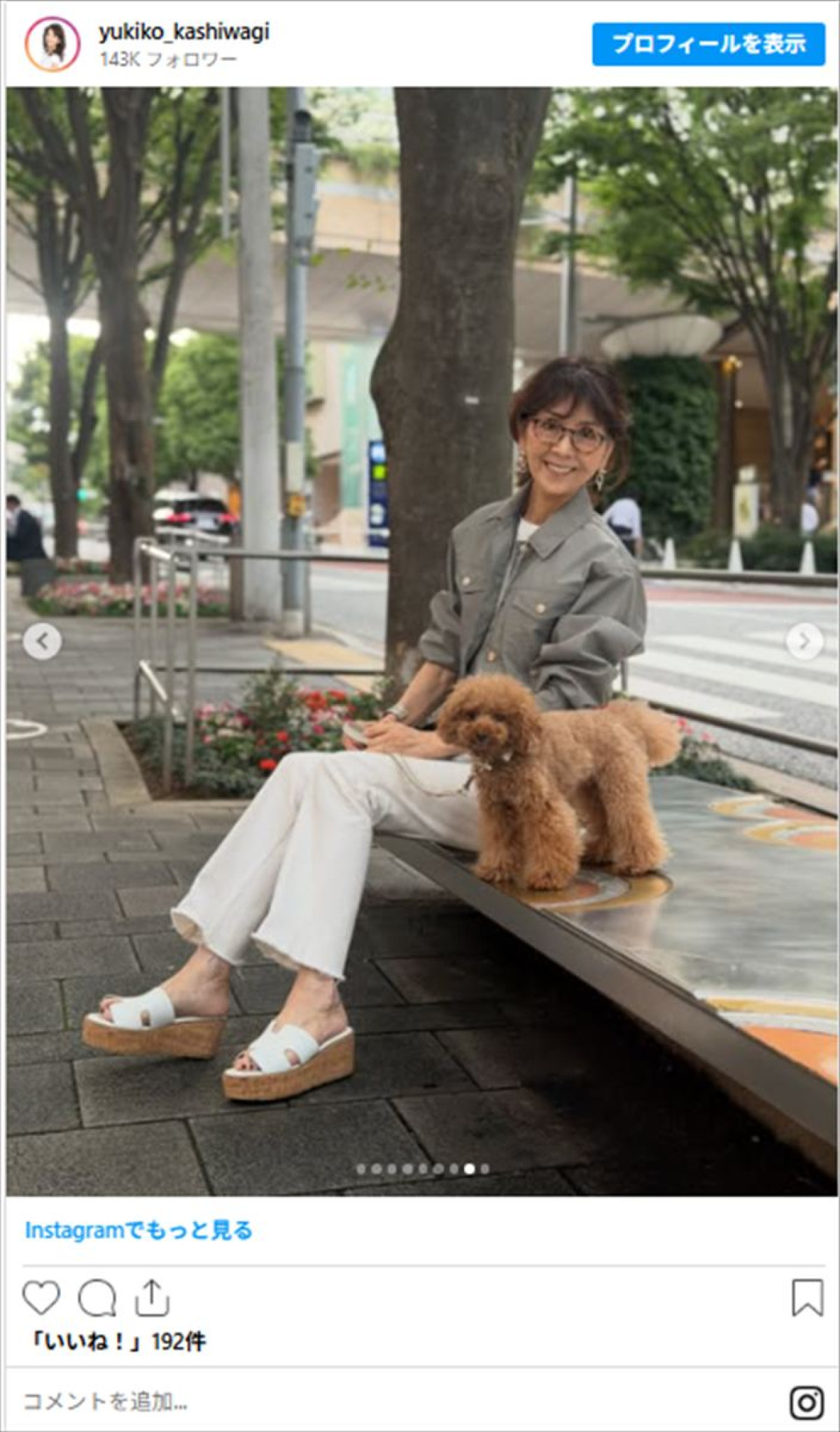 柏木由紀子78歳に見えない！　ジャケット＆パンツ姿　アクティブな“ワンコとお散歩”に反響