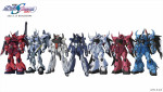 『機動戦士ガンダムSEED FREEDOM ZERO』より（左から）ゲルググメナース（ルナマリア機）、ギャンシュトローム、ムラサメ改、ムラサメ改 初期生産型、グフイグナイテッド（アグネス機）、グフイグナイテッド（レオナード機）、グフイグナイテッドカスタム