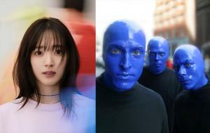 『ブルーマングループ2026新宿公演』（左から）鈴木愛理、ブルーマン