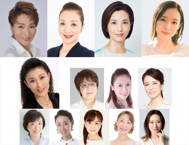 朗読歌劇『心中・恋の大和路』 - 近松門左衛門「冥途の飛脚」に出演する（上段左から）瀬戸内美八、南風舞、壮一帆、愛加あゆ、（中段左から）日向薫、未沙のえる、未来優希、彩吹真央、（下段左から）美郷真也、寿つかさ、羽純るい、久路あかり、和海しょう