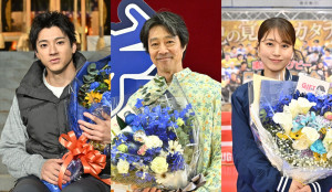 日曜劇場『ＧＩＦＴ』クランクアップした（左から）山田裕貴、堤真一、有村架純