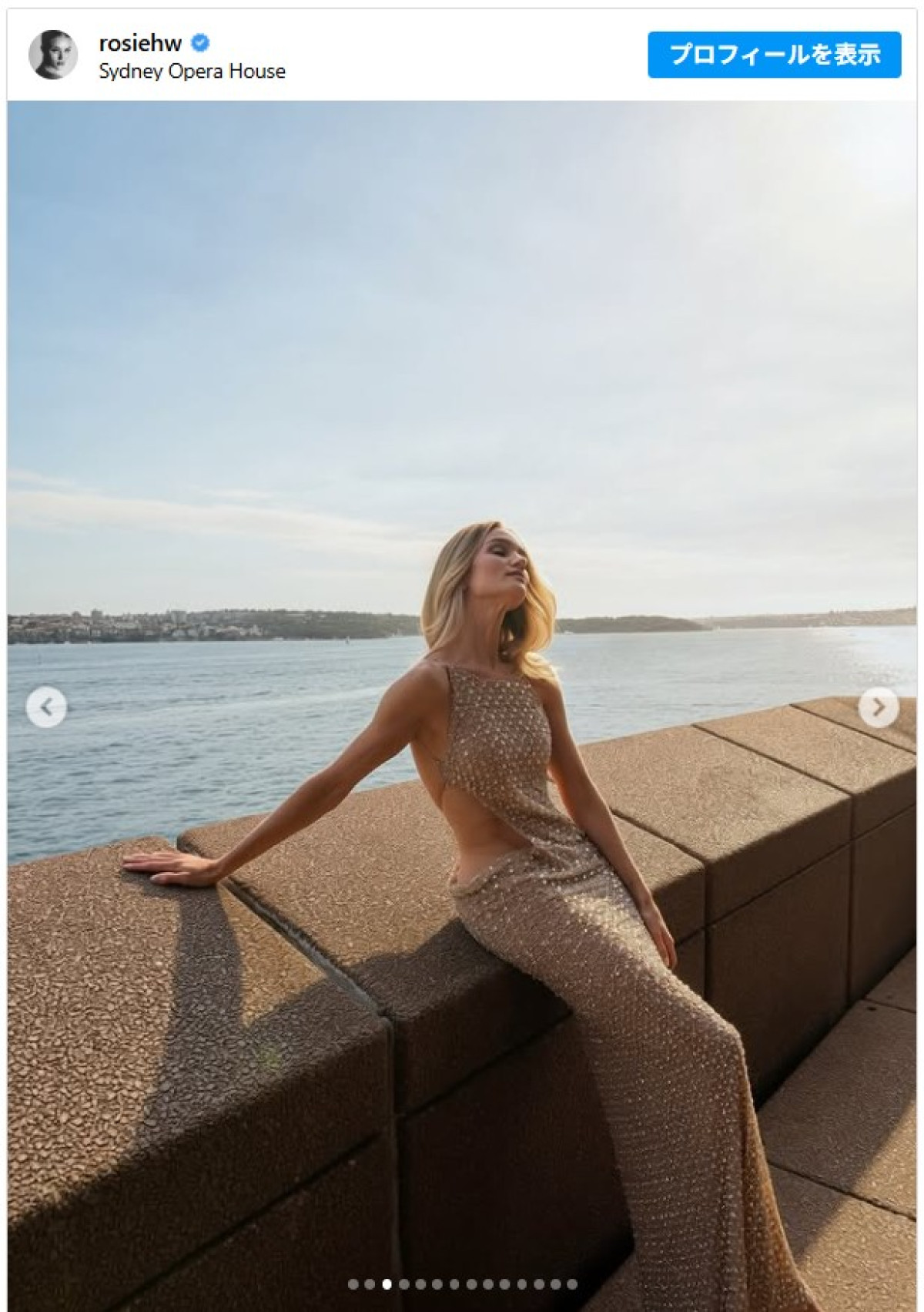 ゴールドのカットアウトドレスをまとったロージー・ハンティントン＝ホワイトリー　※「ロージー・ハンティントン＝ホワイトリー」Instagram