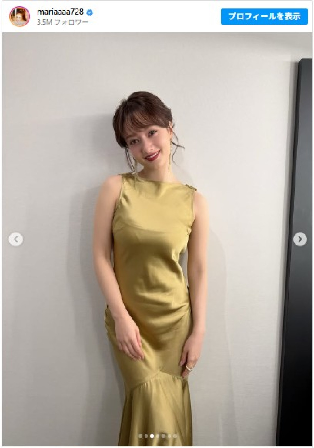 谷まりあ、背中ざっくりゴージャスなドレス姿　※「谷まりあ」Instagram