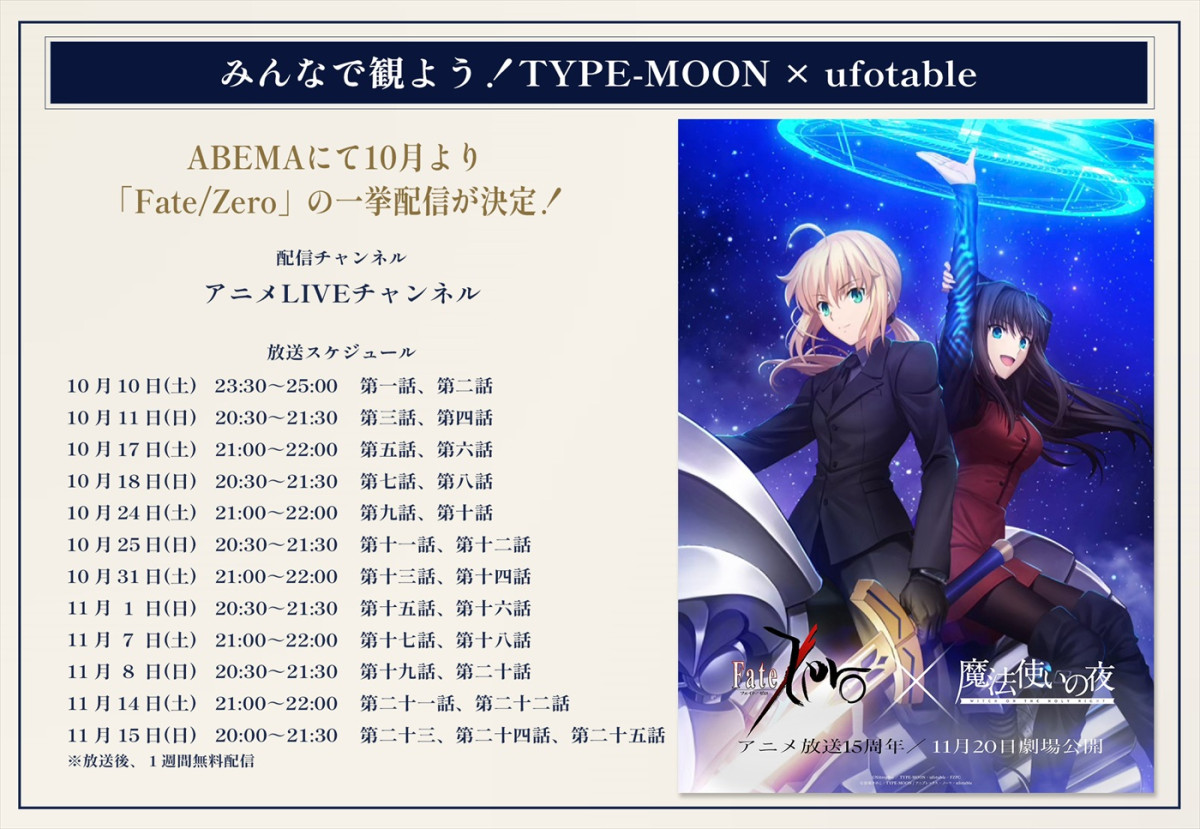 「Fate／Zero」が劇場アニメ『魔法使いの夜』とコラボ！　投票で内容が決まるセレクション放送も